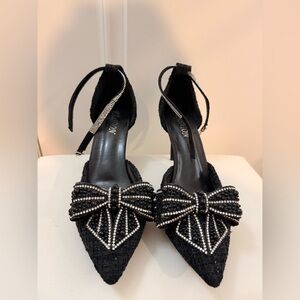 Elegant Black Beaded Bow Women's Shoes